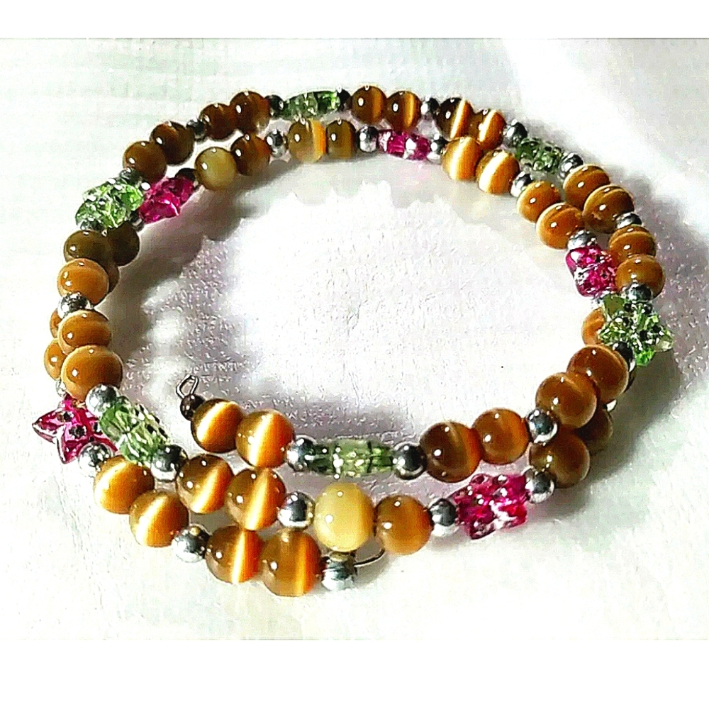 NEW Brown Glass Cats Eye Round Bead Silver Tone Memory Wire Wrap Bracelet/Choker